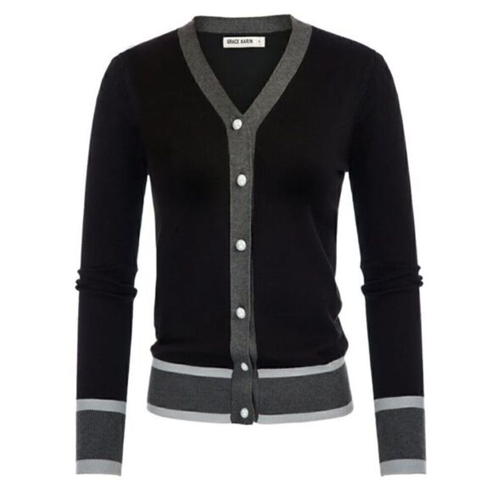 Grace Karin Button Down Black Gray Color Block Cardigan Sweater Women’s Size XXL